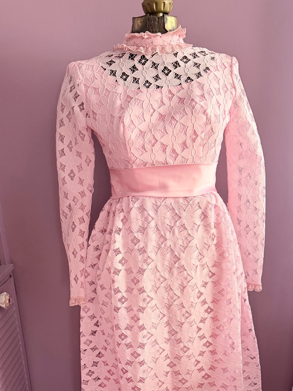 Vintage 70s 80s Pink Lace Maxi Dress Victorian Prairie Bow ILGWU USA XS